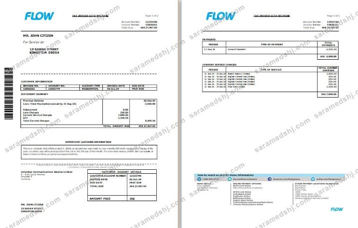 Jamaica Flow tax invoice cable and internet bill Word and PDF template, 2 pages SCR